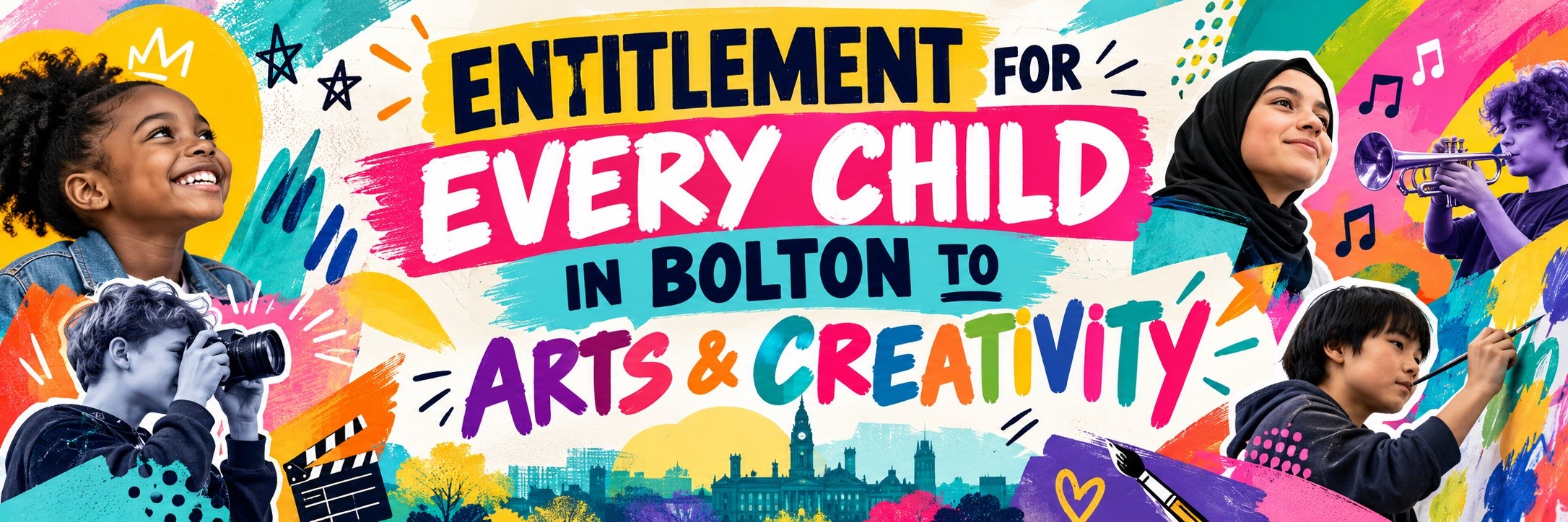This is the BCEP webpage banner. It is colourful, contains pictures of children doing arts activities, and reads: Entitlement for every child in Bolton to arts and creativity