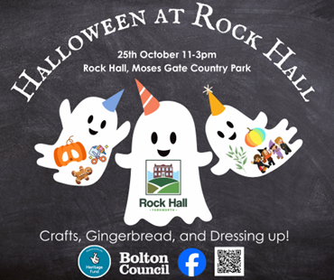 This is the graphic for the Rock Hall Halloween event, including three ghosts and the location, which is Rock Hall Moses Gate