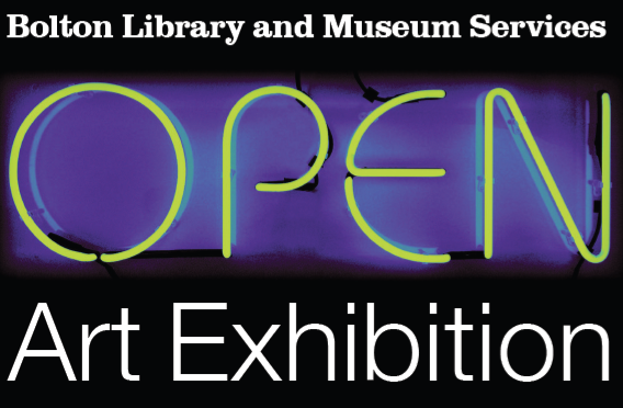 This is the Open Art Logo, and contains the name Bolton and Museum Library Service, the word 'Open' in neon, and the words 'Art Exhibition' in white.