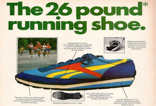 This is a poster for a Reebok trainer. The trainer is blue, yellow, and red, and the text reads: 'The 26 pound running shoe'